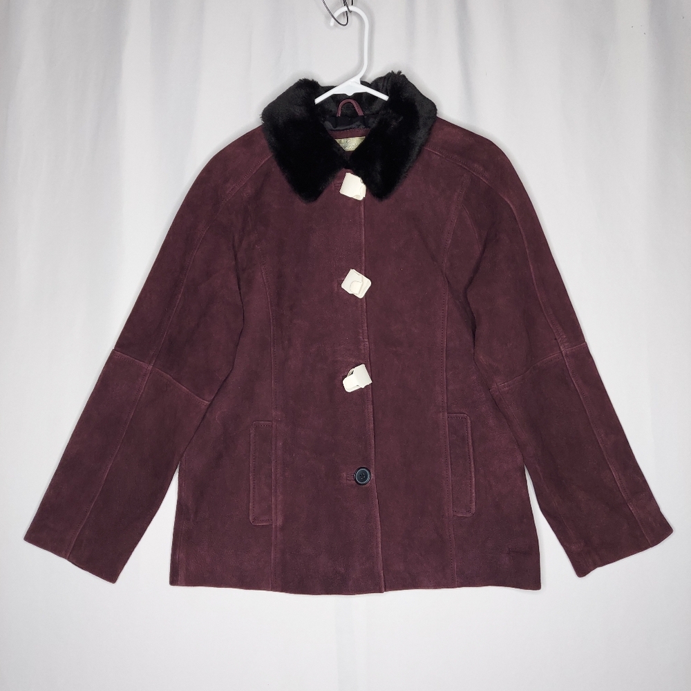 The Territory Ahead Suede Faux Fur Collar Button Coat Women Medium Burgundy Vtg